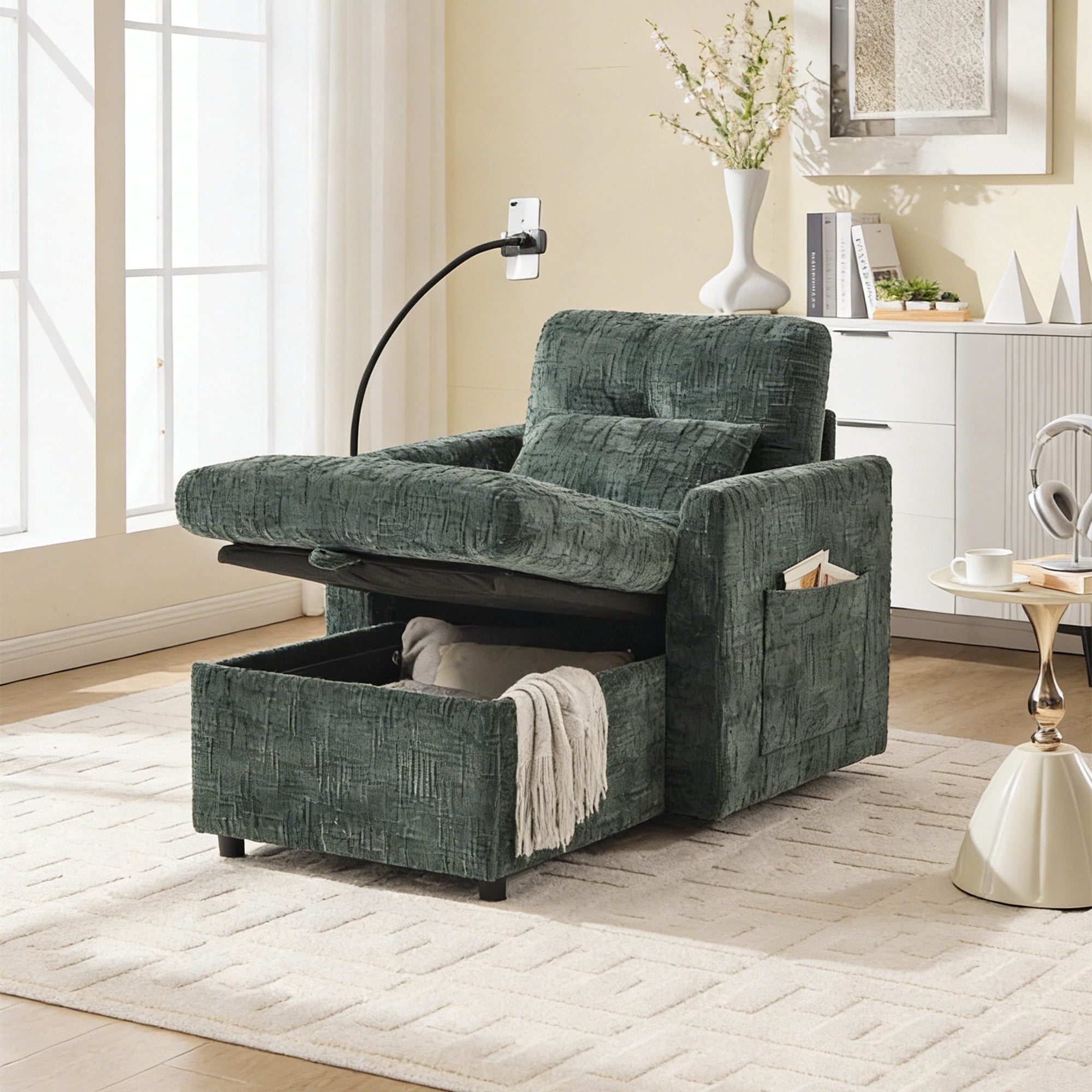 Aukfa Storage Chaise Lounge Single Sofa with Phone Holder and Pillow for Living Room Bedroom, Chenille, Emerald