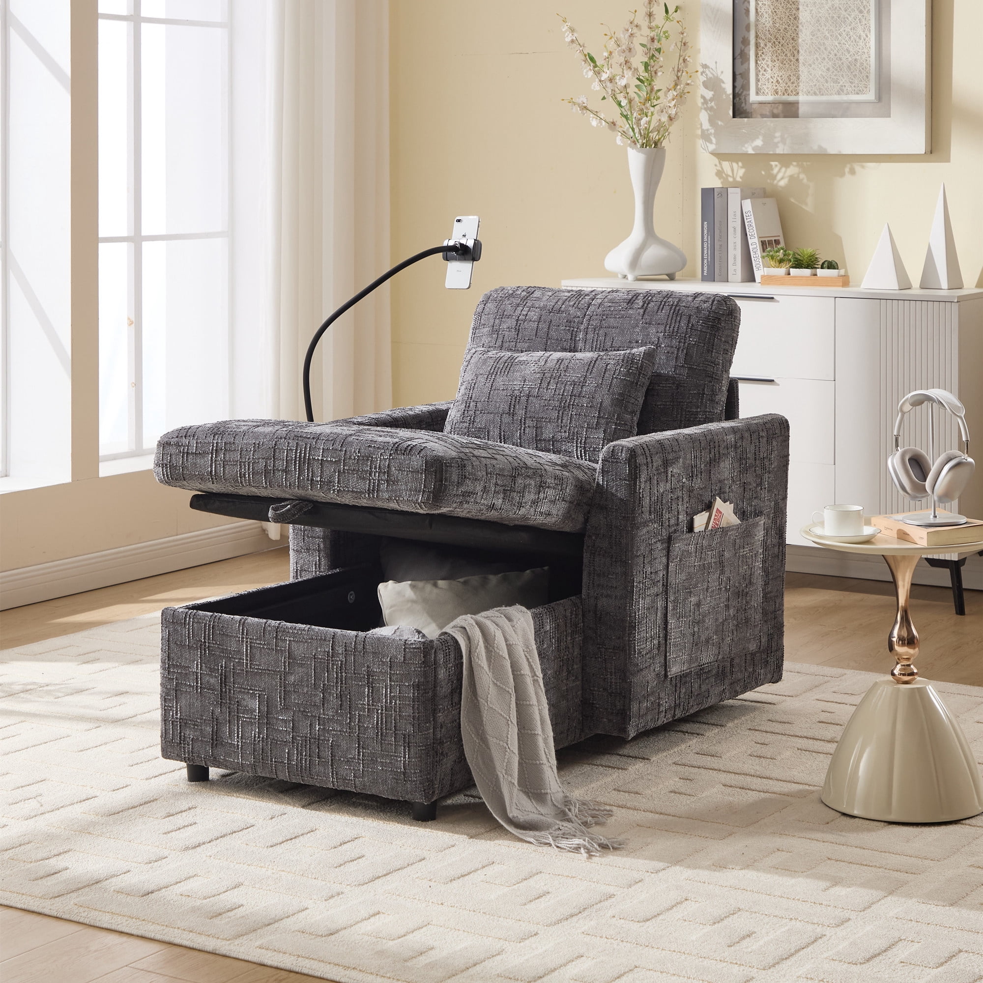 Aukfa Storage Chaise Lounge Single Sofa with Phone Holder and Pillow for Living Room Bedroom, Chenille, Gray