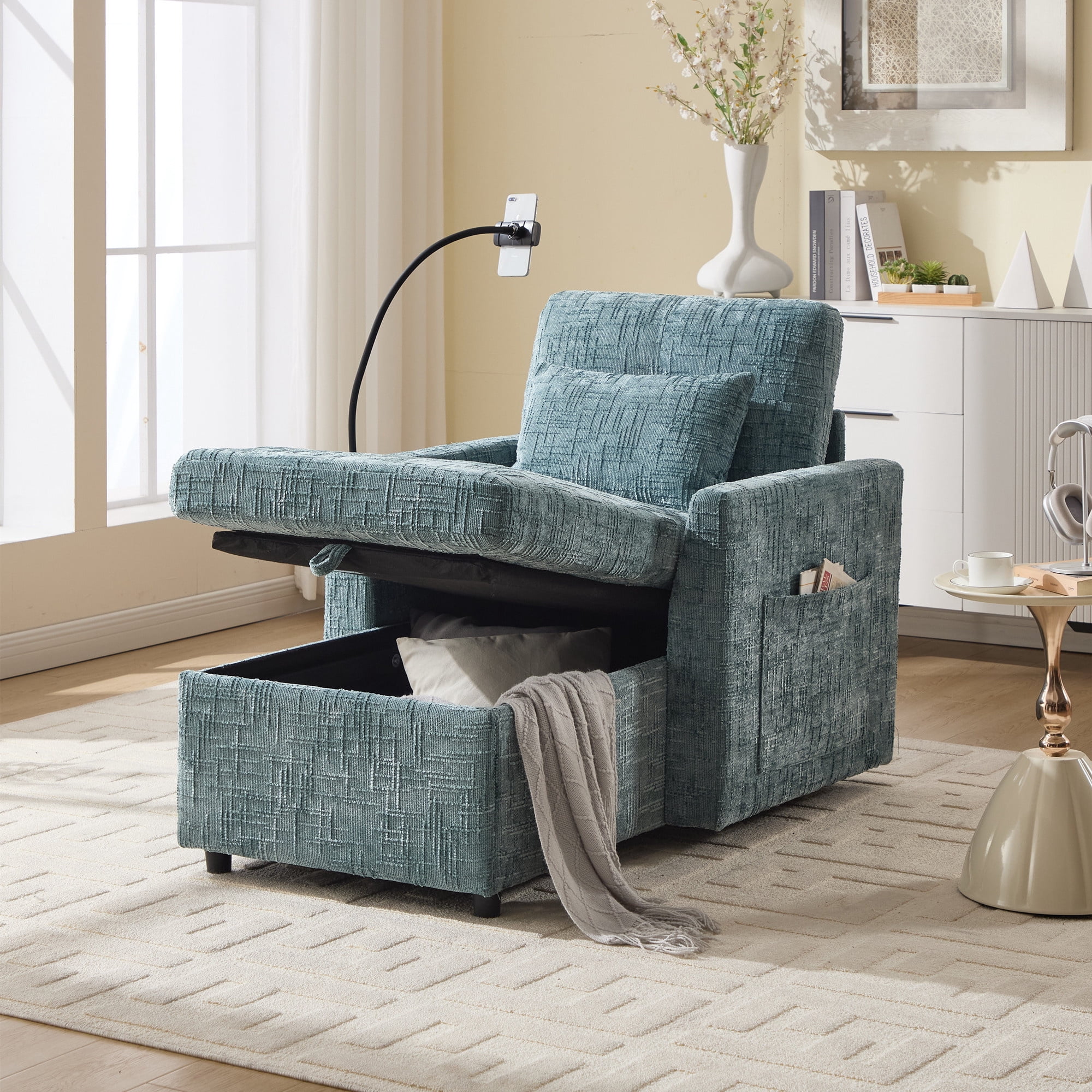 Aukfa Storage Chaise Lounge Single Sofa with Phone Holder and Pillow for Living Room Bedroom, Chenille, Lake Blue