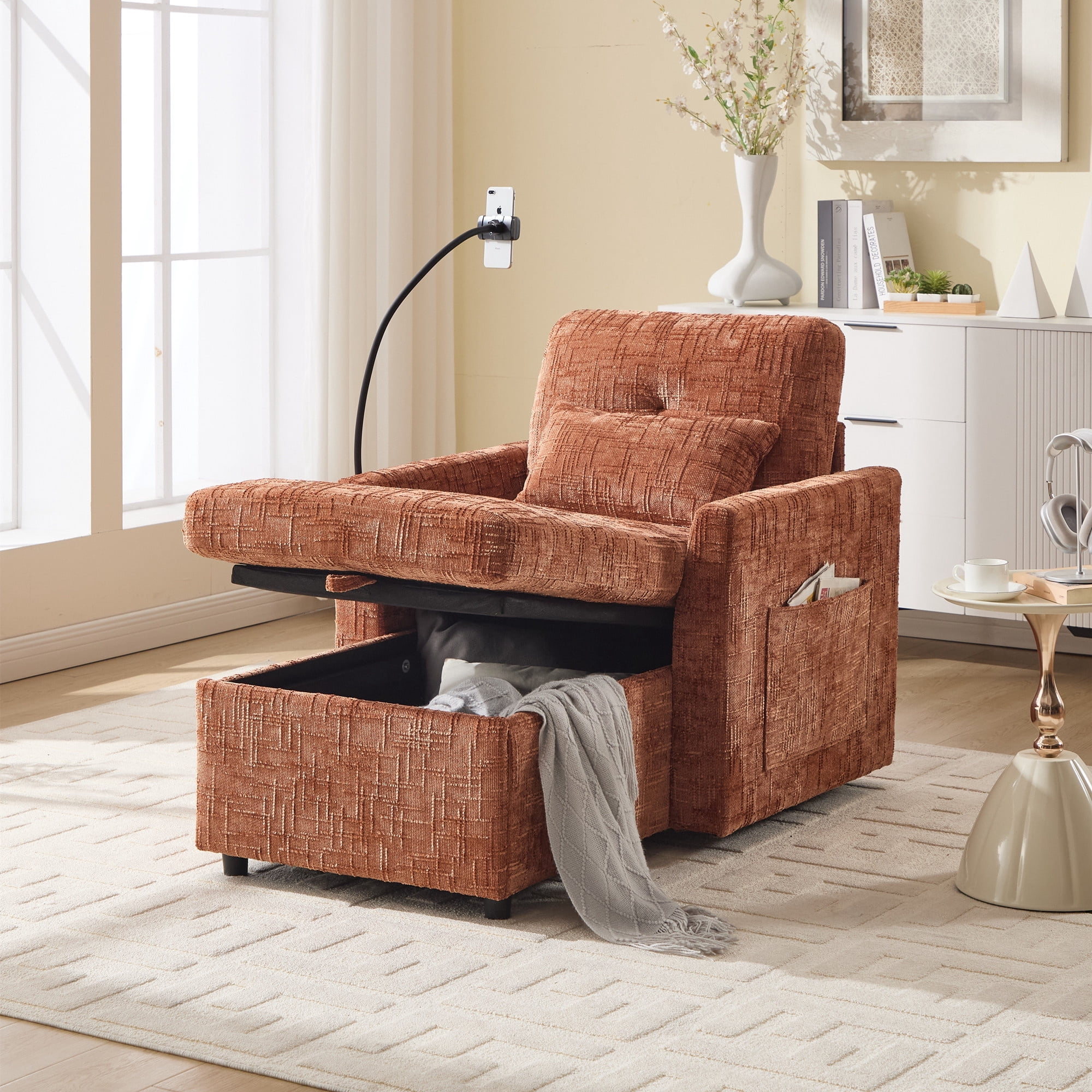 Aukfa Storage Chaise Lounge Single Sofa with Phone Holder and Pillow for Living Room Bedroom, Chenille, Orange