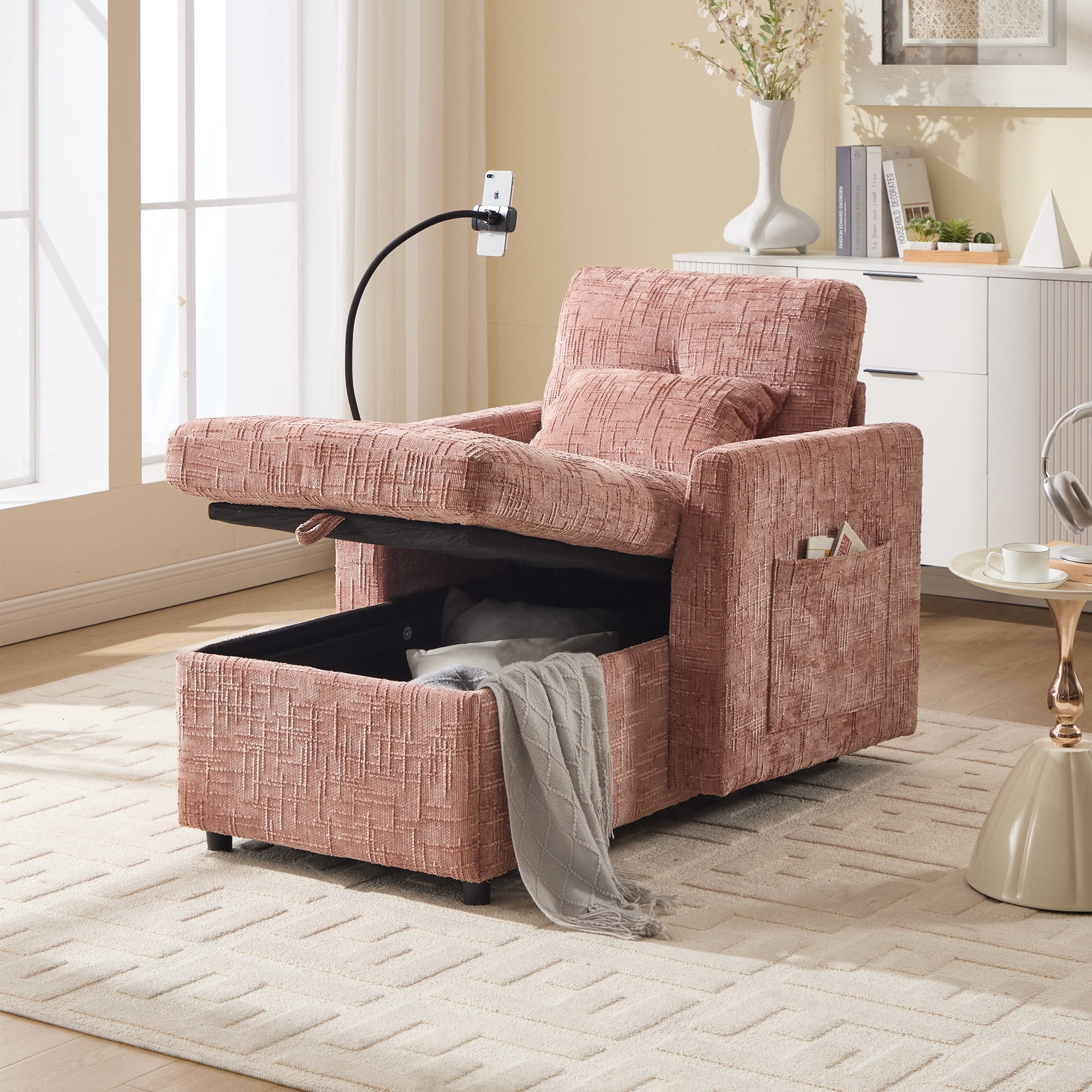 Aukfa Storage Chaise Lounge Single Sofa with Phone Holder and Pillow for Living Room Bedroom, Chenille, Pink