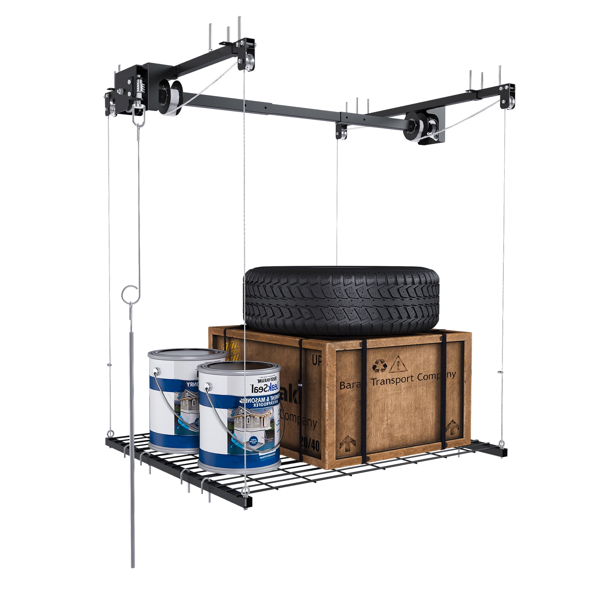 Aukfa 4x4 ft Ceiling Mounted Garage Storage Rack with Crank-Down System, 250 lbs Heavy Duty Overhead Storage Lift for Tires & Tools, Black
