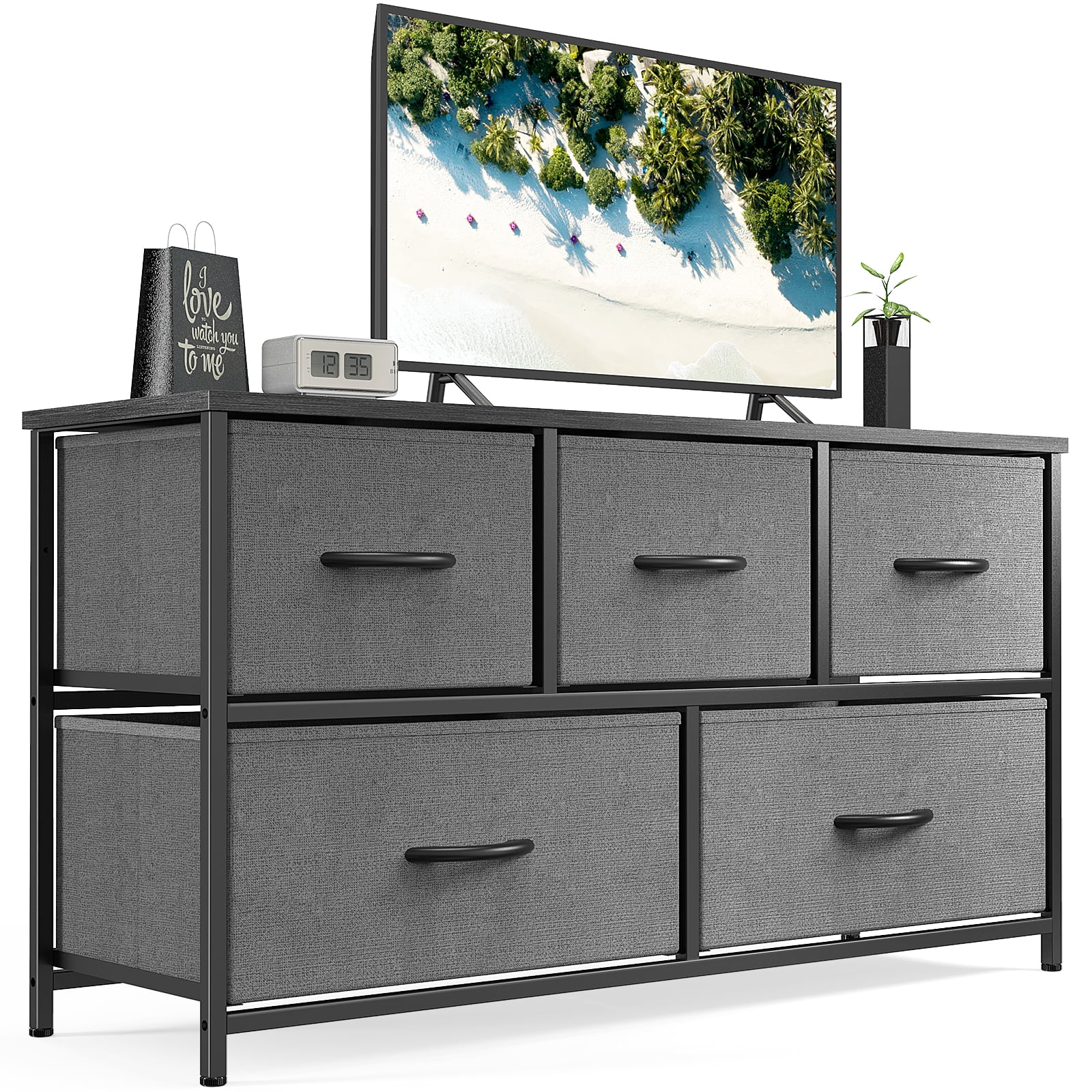 Aukfa 5 Drawer Dresser,Wide Chest of Drawers for Bedroom with Metal Frame for TV,Black