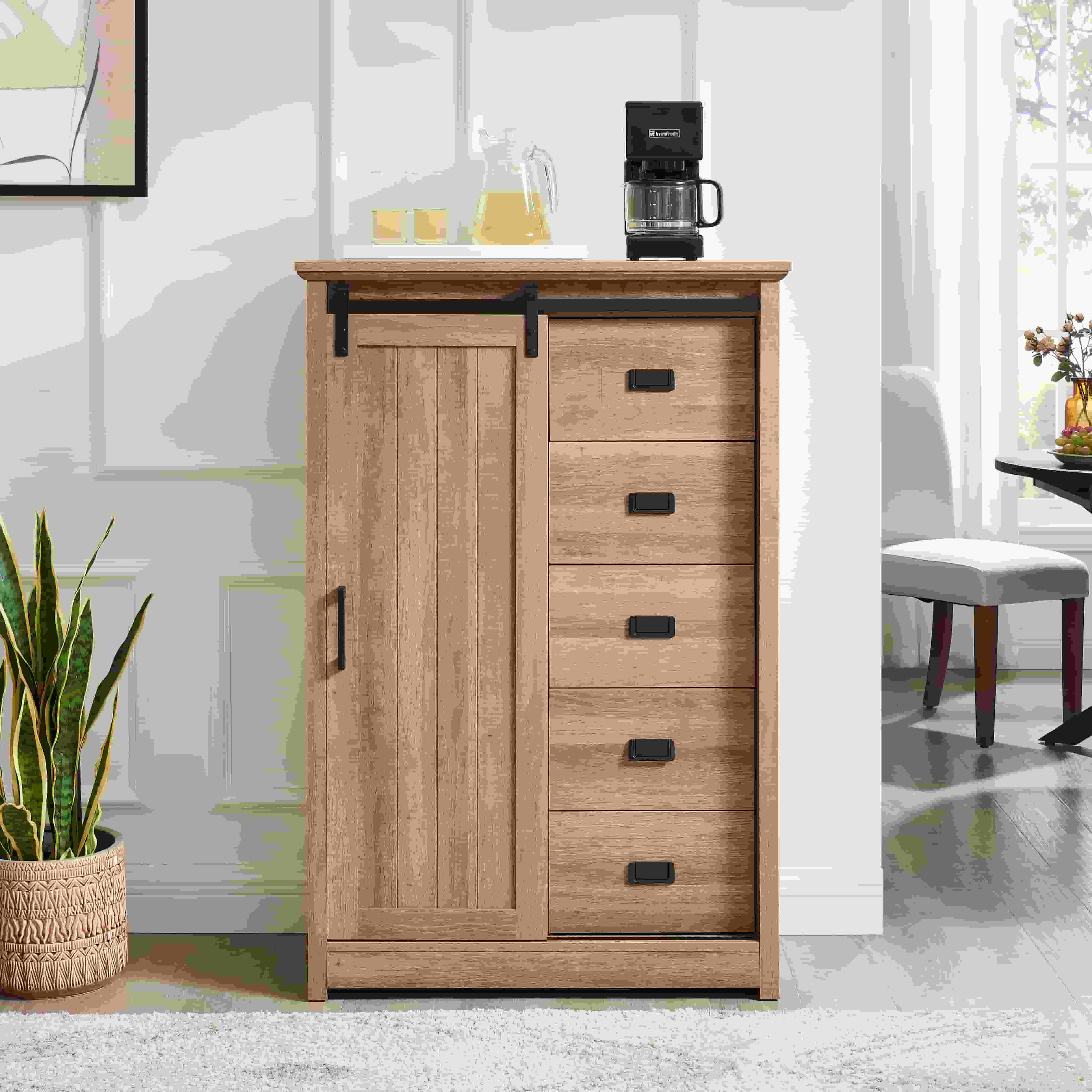 Aukfa 5 Drawers Dresser, Tall Dresser 5 Chest of Drawers w/Sliding Barn Door for Bedroom, Hallway,Oak