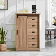 Aukfa 5 Drawers Dresser, Tall Dresser 5 Chest of Drawers w/Sliding Barn Door for Bedroom, Hallway,Oak