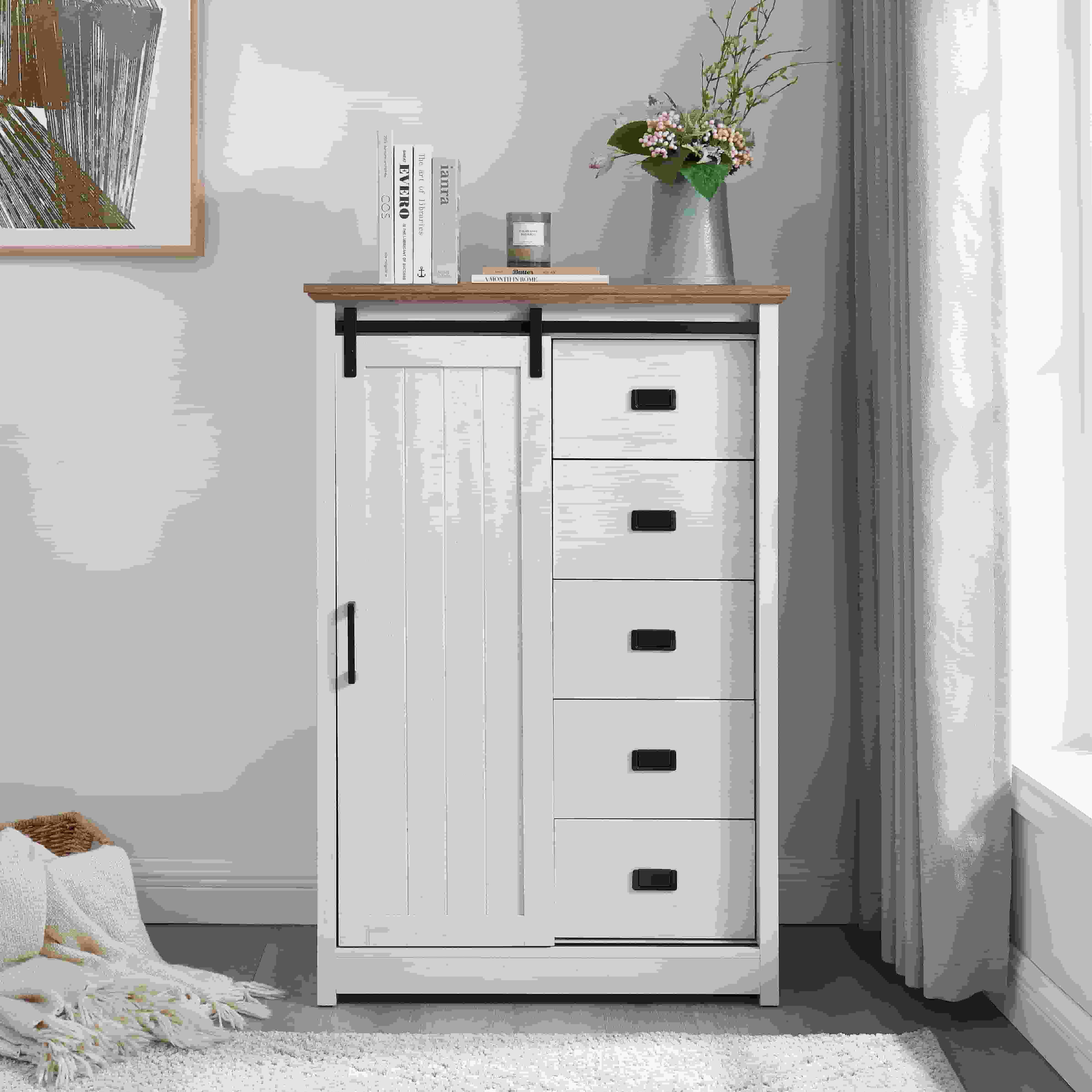 Aukfa 5 Drawers Dresser, Tall Dresser 5 Chest of Drawers w/Sliding Barn Door for Bedroom, Hallway,White