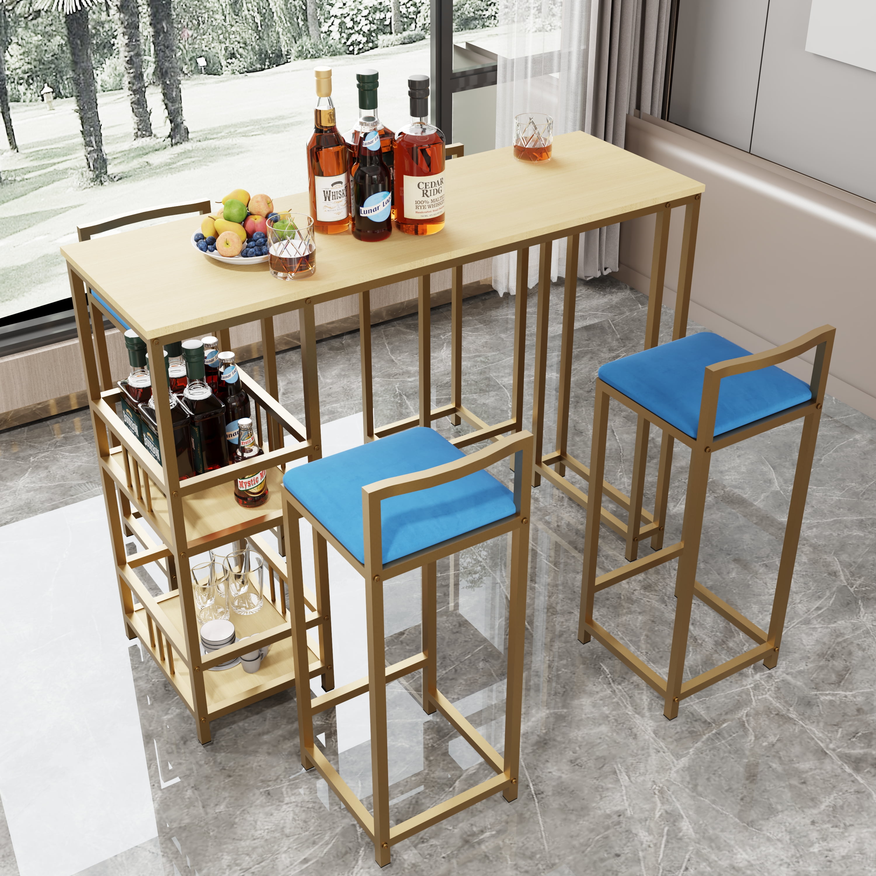 Aukfa 5 Pcs Dining Table Set, Bar Table and Chairs Set with storage cushions for Breakfast Kitchen Dining Room, Blue