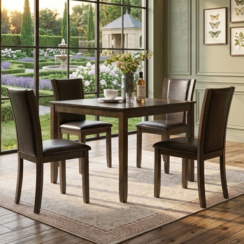 Aukfa 5 Pcs Farmhouse Dining Table Set for 4, Space Saving Kitchen Set with PU Leather Upholstered Chairs,Dark Walnut