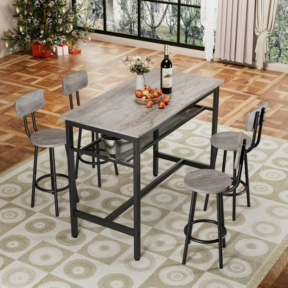 Aukfa 5-Piece Bar Table Set with Metal Shelf, Counter Height Dining Table & 4 Stools, Space-Saving Kitchen Pub Set for Small Spaces, Gray - Industrial Style