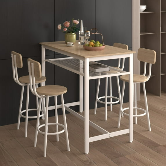 Aukfa 5-Piece Bar Table Set with Metal Shelf, Counter Height Dining Table & 4 Stools, Space-Saving Kitchen Pub Set for Small Spaces, Oak - Industrial Style