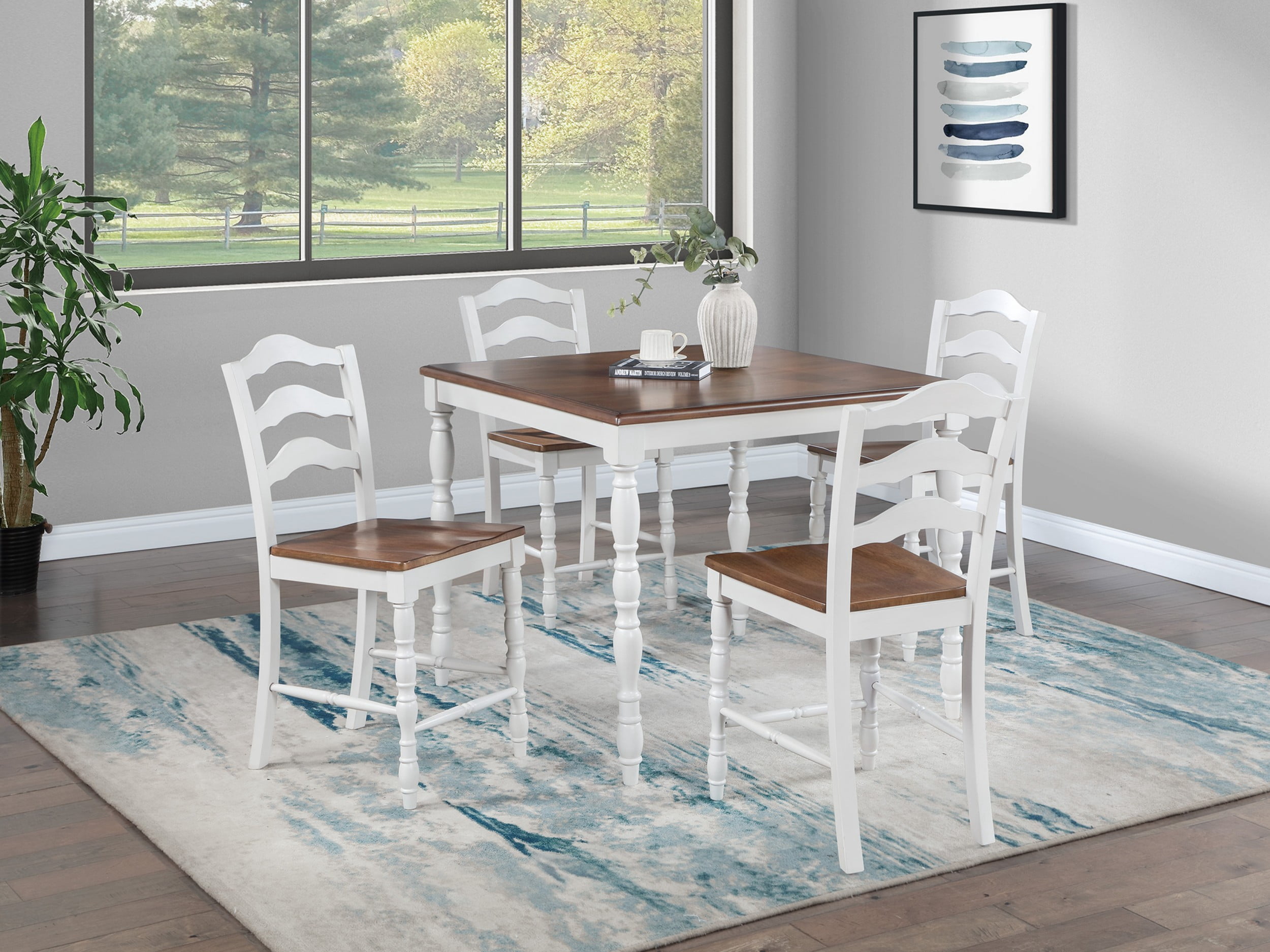 Aukfa 5-Piece Counter-Height Dining Set with 4 Chairs, Modern Farmhouse Kitchen Table Set for Dining Room or Small Spaces, White/Brown
