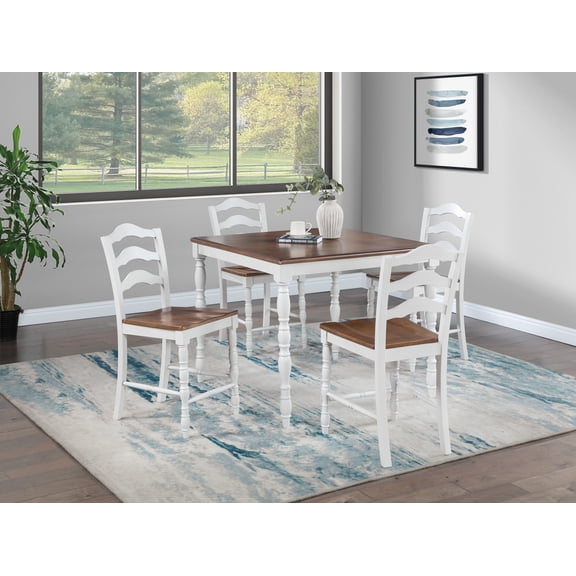 Aukfa 5-Piece Counter-Height Dining Set with 4 Chairs, Modern Farmhouse Kitchen Table Set for Dining Room or Small Spaces, White/Brown