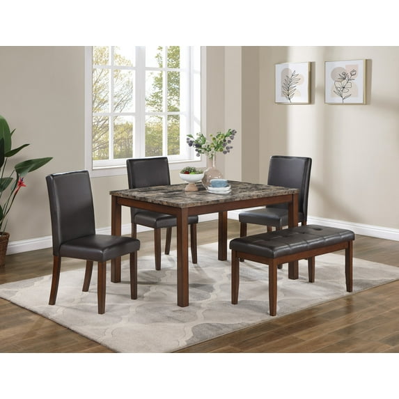 Aukfa 5-Piece Dining Set with 3 Chairs and Bench, Rectangular Faux Marble Table with Upholstered Seats for Kitchen or Dining Room, Brown