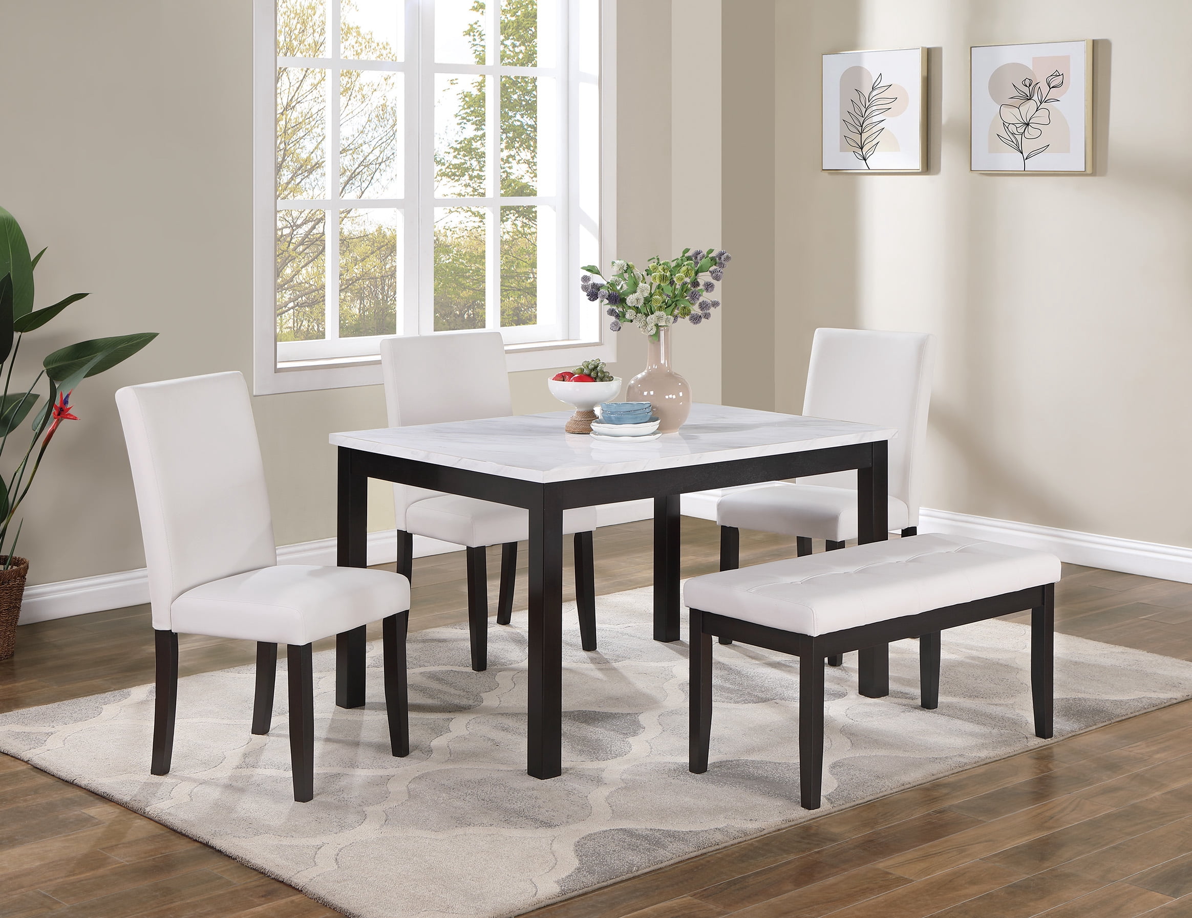 Aukfa 5-Piece Dining Set with 3 Chairs and Bench, Rectangular Faux Marble Table with Upholstered Seats for Kitchen or Dining Room, White/Brown