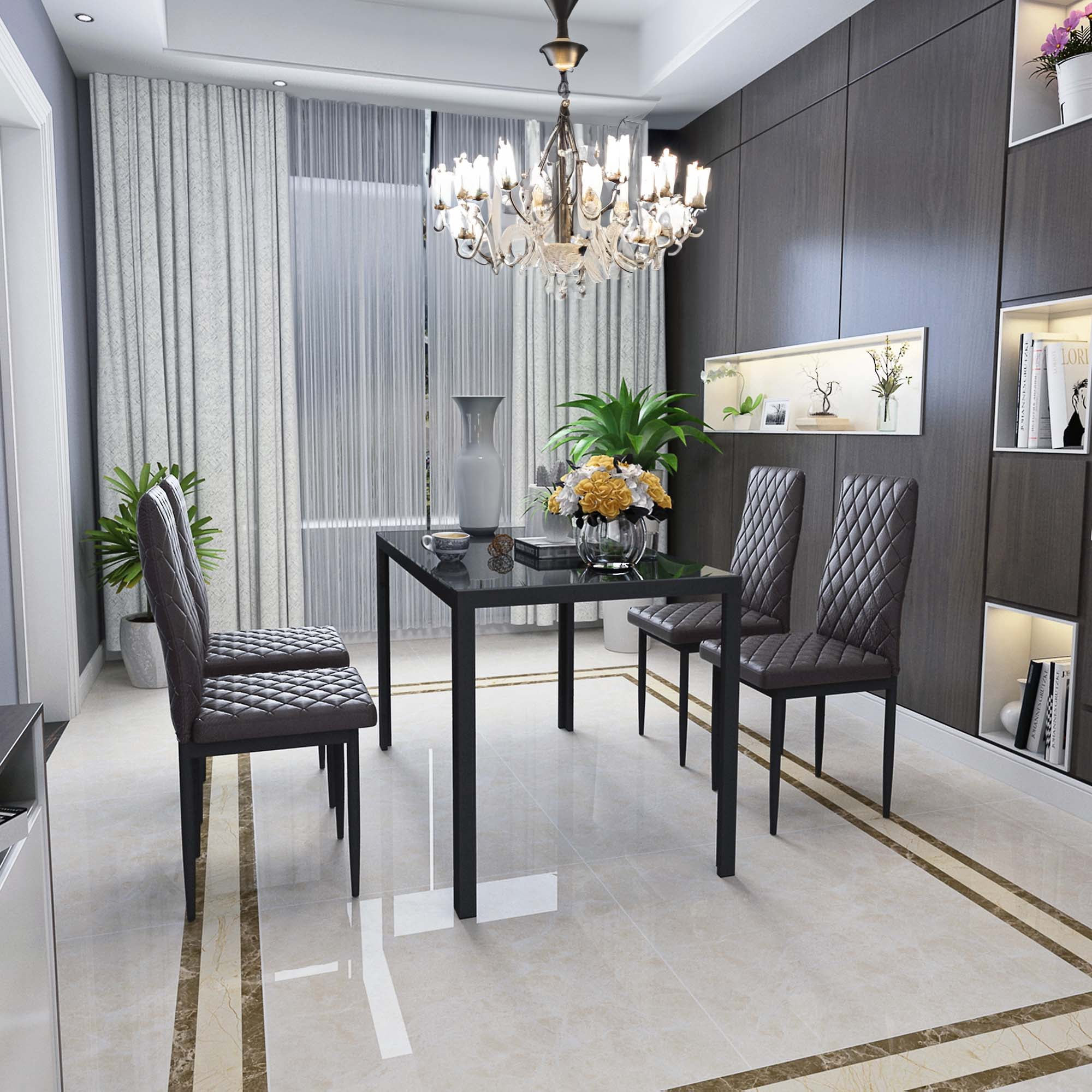 Aukfa 5-Piece Dining Table Set, Tempered Glass Dining Table with 4 Faux Leather Chairs for Dining Room, Kitchen - Black