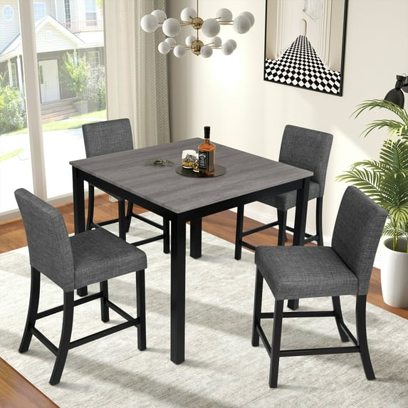Aukfa 5-Piece Dining Table Set for 4, Counter Height Table and 4 Upholstered Chairs with Padded Seats and Backrests for Dining Room, Kitchen, Gray