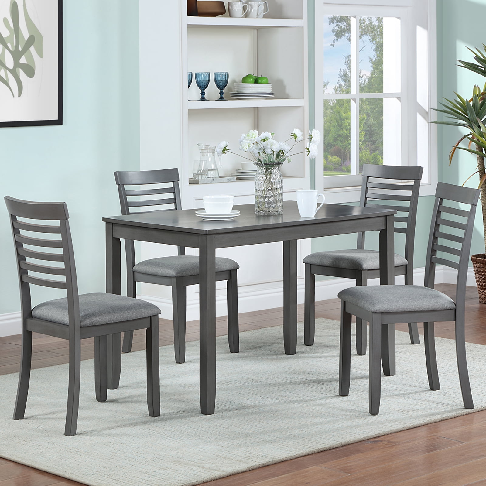 Aukfa 5 Piece Dining Table Set for 4, Rectangular Table with 4 Upholstered Chairs for Kitchen, Dining Room, Acacia Wood, Gray