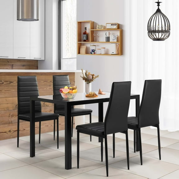 Aukfa 5-Piece Dining Table Set for Dining Room, Kitchen, Dinette, w/Glass Tabletop, 4 Faux Leather Metal Frame Chairs - Black