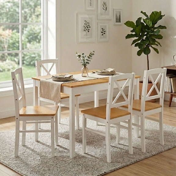 Aukfa 5-Piece Dining Table Set with 4 Chairs, Rubberwood Compact Kitchen Table, Space-Saving Apartment/Breakfast Nook Furniture,White