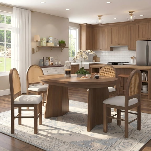 Aukfa 5-Piece Extendable Dining Table Set for 4, Kitchen Round Table with 4 Upholstered Rattan Back Chairs, Retro Dining Room Furniture, Walnut
