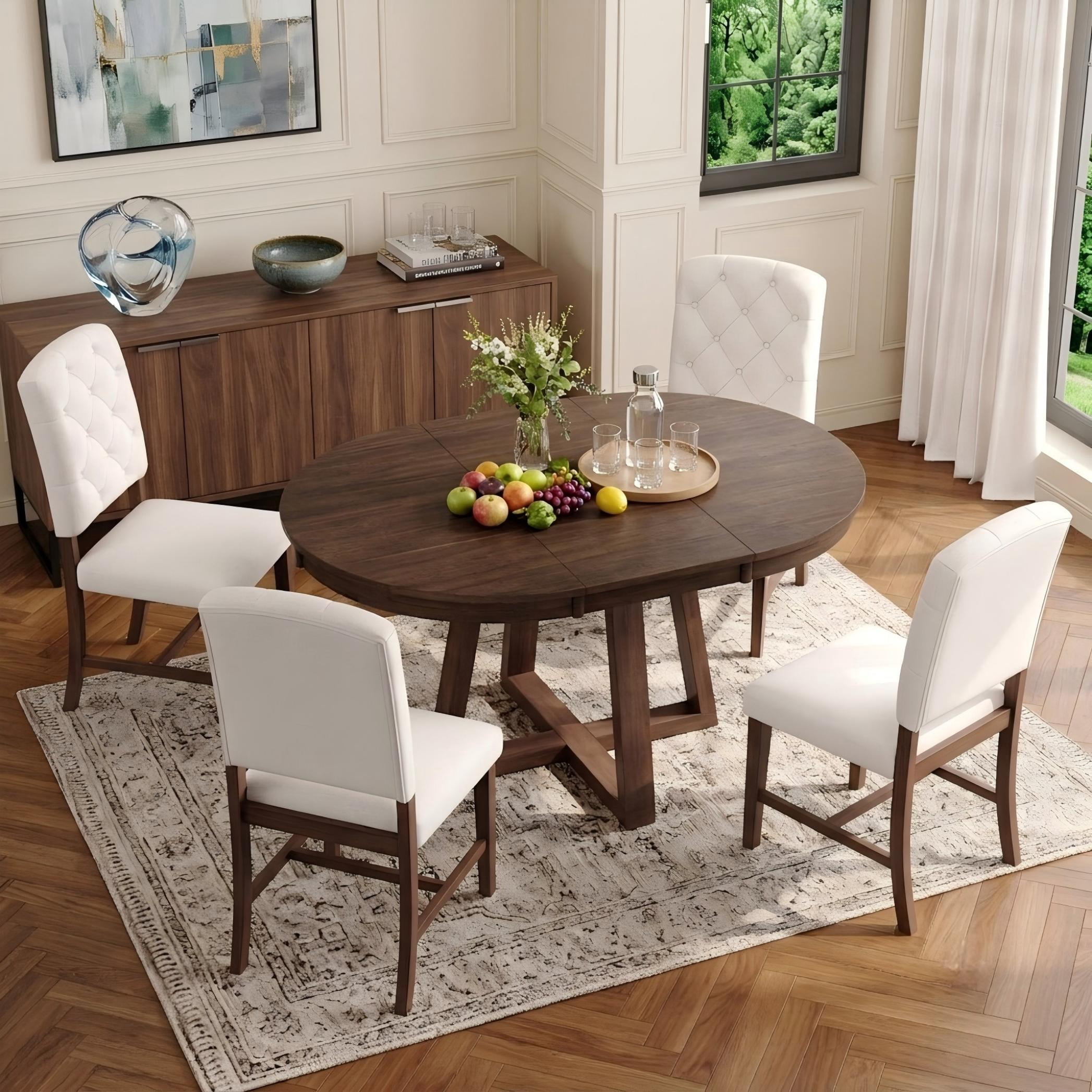 Aukfa 5-Piece Extendable Dining Table Set with 4 Upholstered Chairs, 42"-58" Round Kitchen Table & Tufted Chairs, Walnut