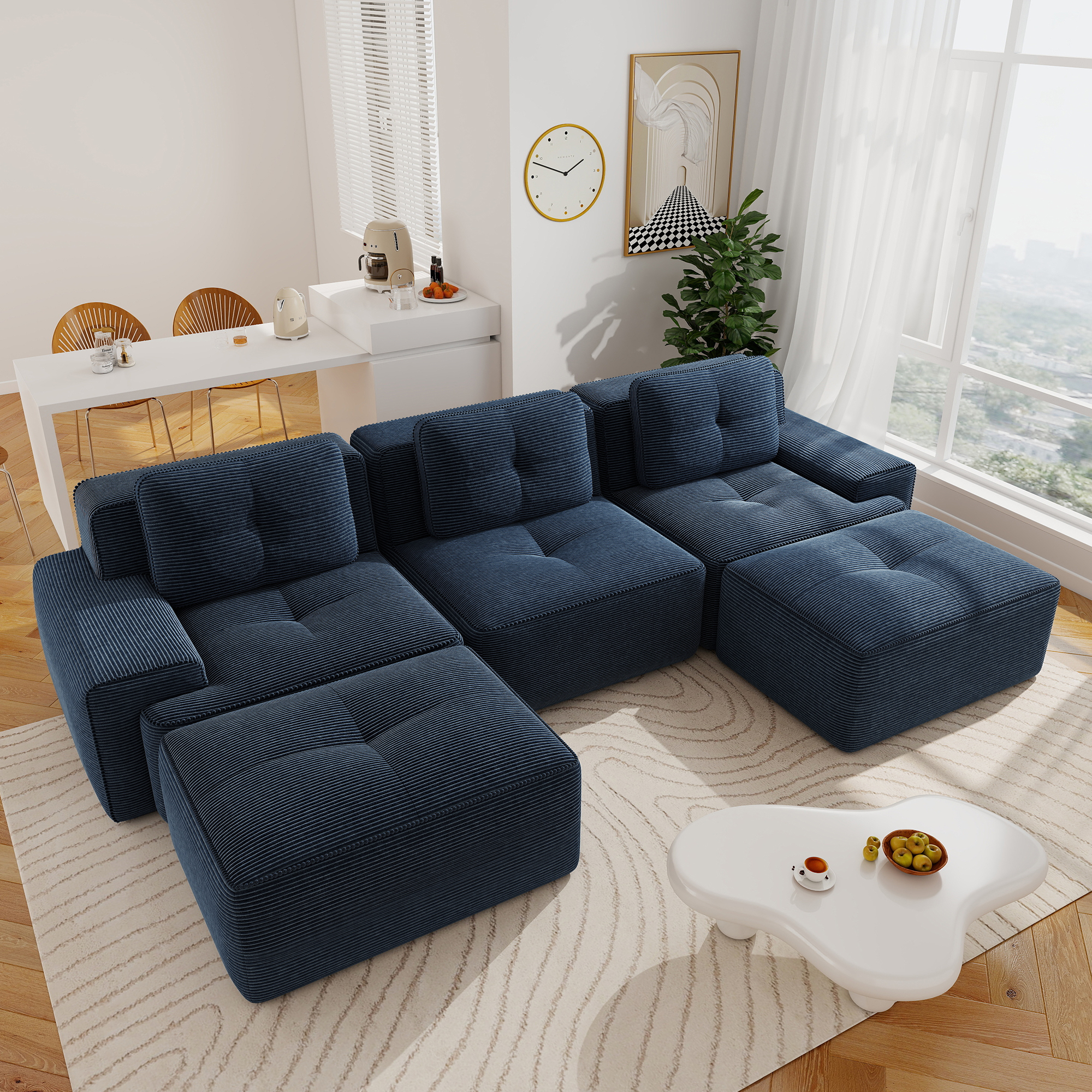 Aukfa 5-Piece Tufted Modular Corduroy Sectional Sofa with 2 Ottomans for Living Room, 29.5" Deep Seat, Blue