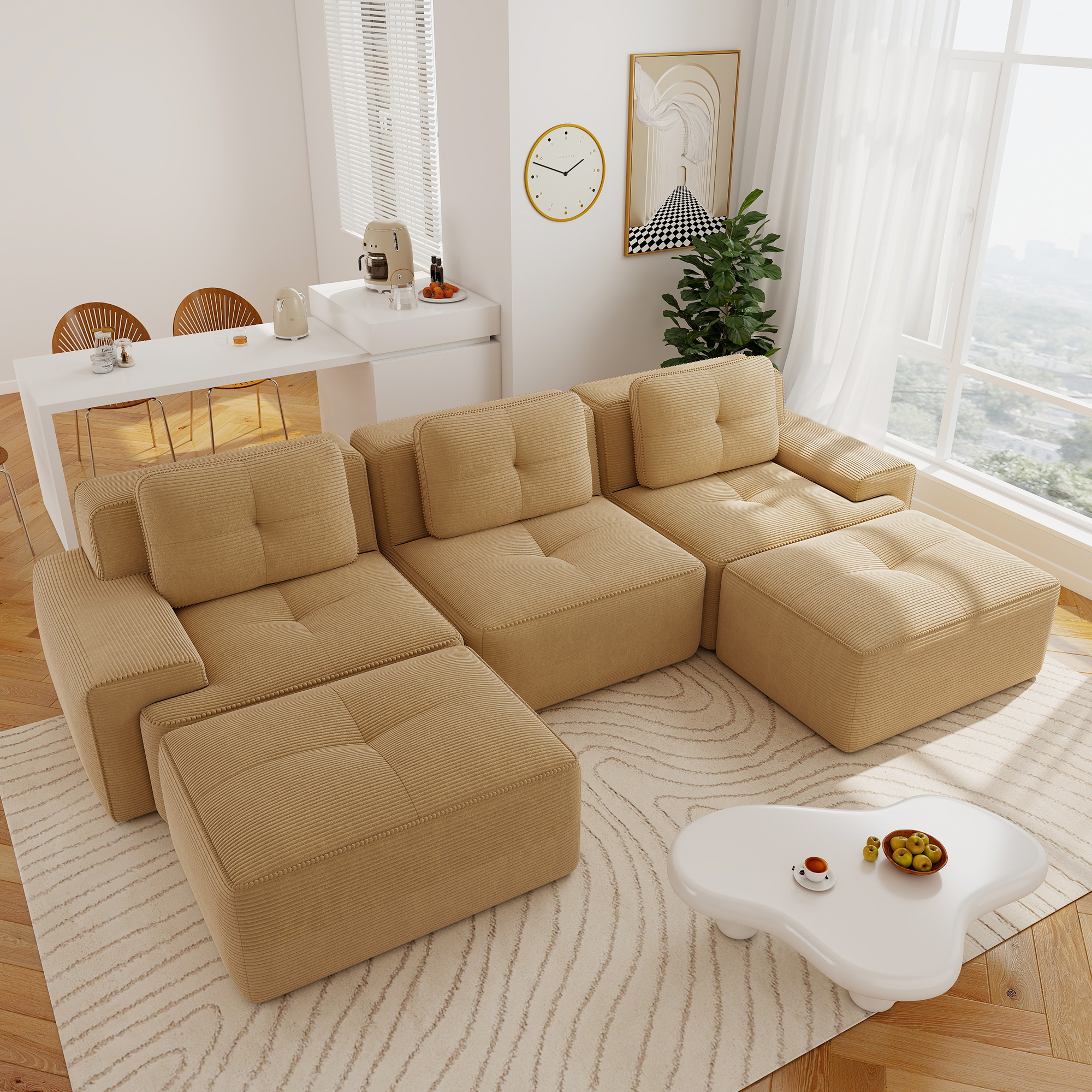 Aukfa 5-Piece Tufted Modular Corduroy Sectional Sofa with 2 Ottomans for Living Room, 29.5" Deep Seat, Camel