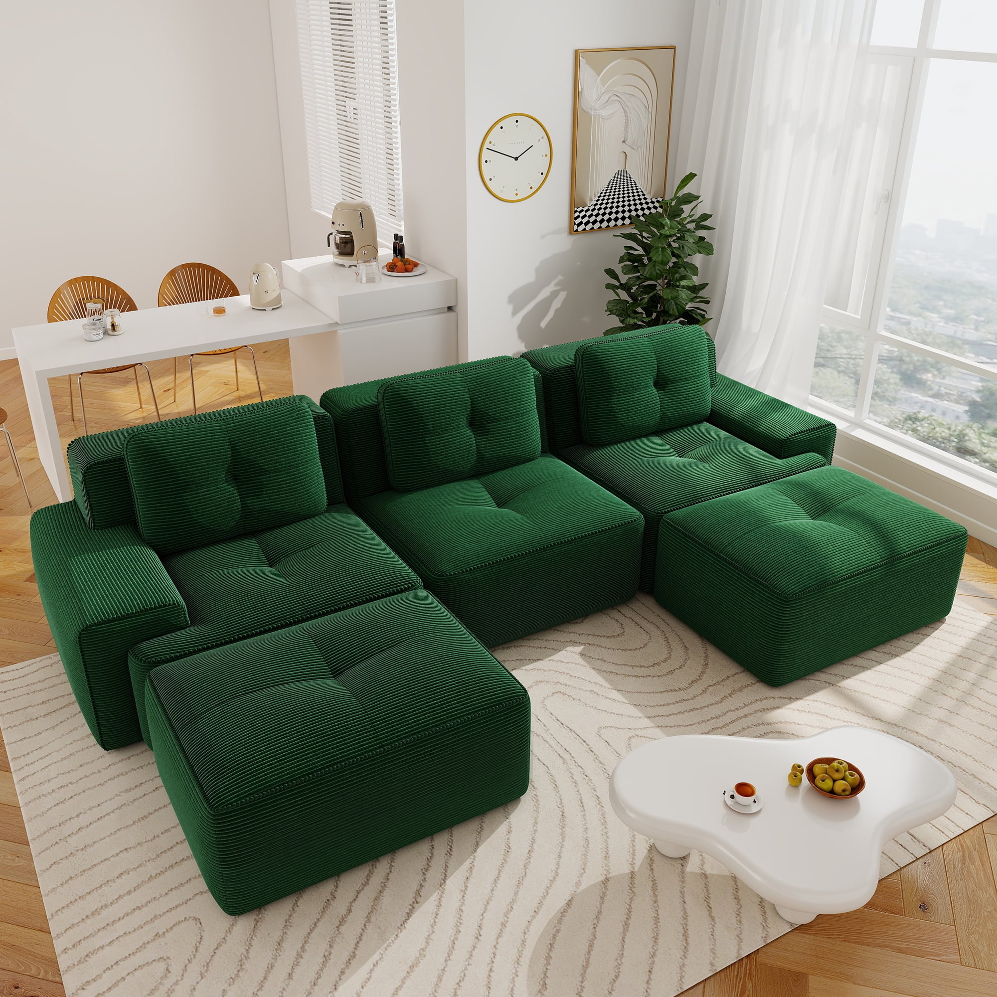 Aukfa 5-Piece Tufted Modular Corduroy Sectional Sofa with 2 Ottomans for Living Room, 29.5" Deep Seat, Green