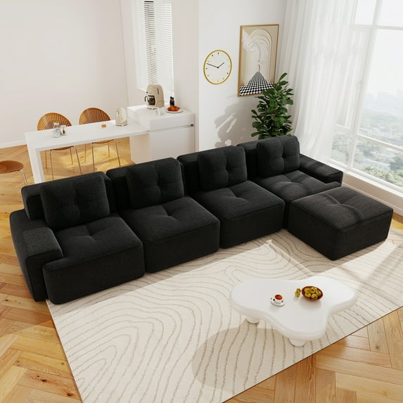 Aukfa 5-Piece Tufted Modular Corduroy Sectional Sofa with Ottoman for Living Room, 128.5" Width 4-Seat Sofa, Black