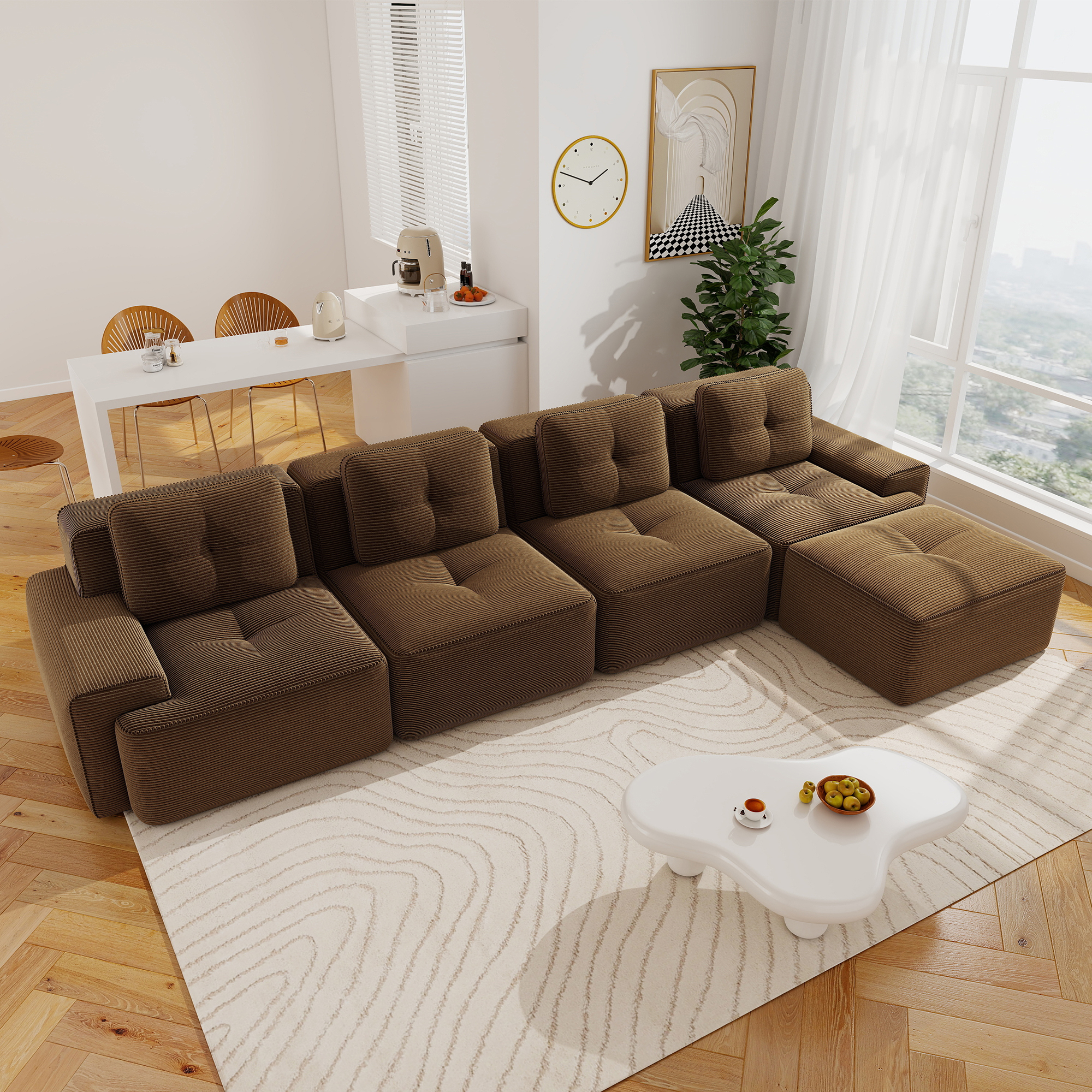 Aukfa 5-Piece Tufted Modular Corduroy Sectional Sofa with Ottoman for Living Room, 128.5" Width 4-Seat Sofa, Brown