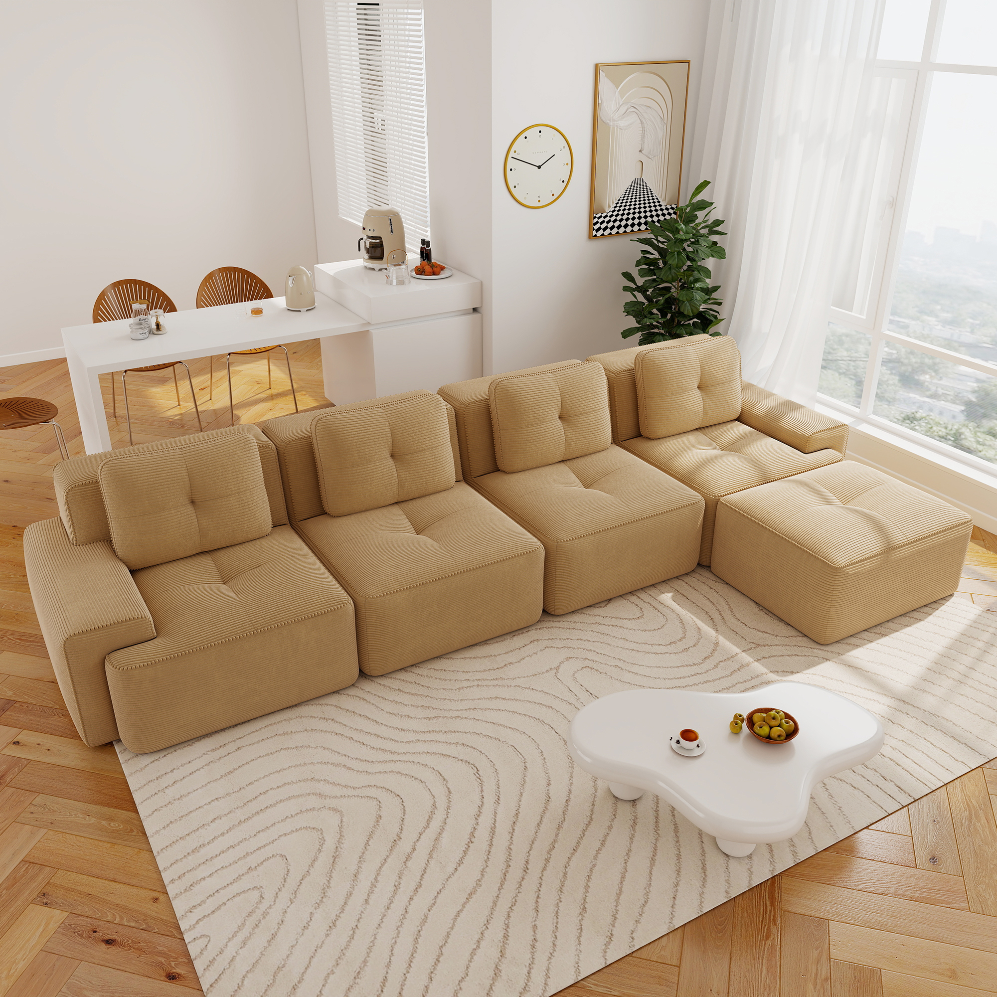 Aukfa 5-Piece Tufted Modular Corduroy Sectional Sofa with Ottoman for Living Room, 128.5" Width 4-Seat Sofa, Camel