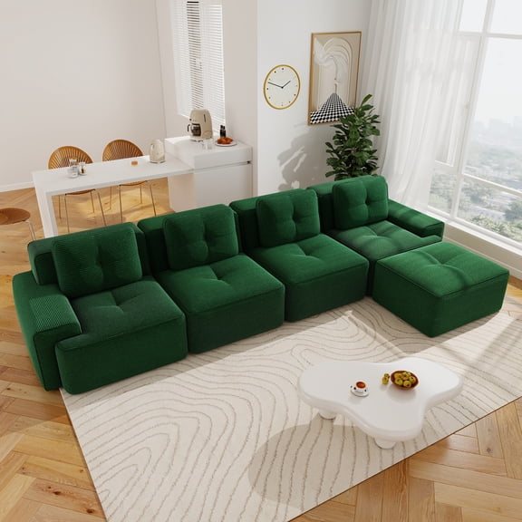 Aukfa 5-Piece Tufted Modular Corduroy Sectional Sofa with Ottoman for Living Room, 128.5" Width 4-Seat Sofa, Green