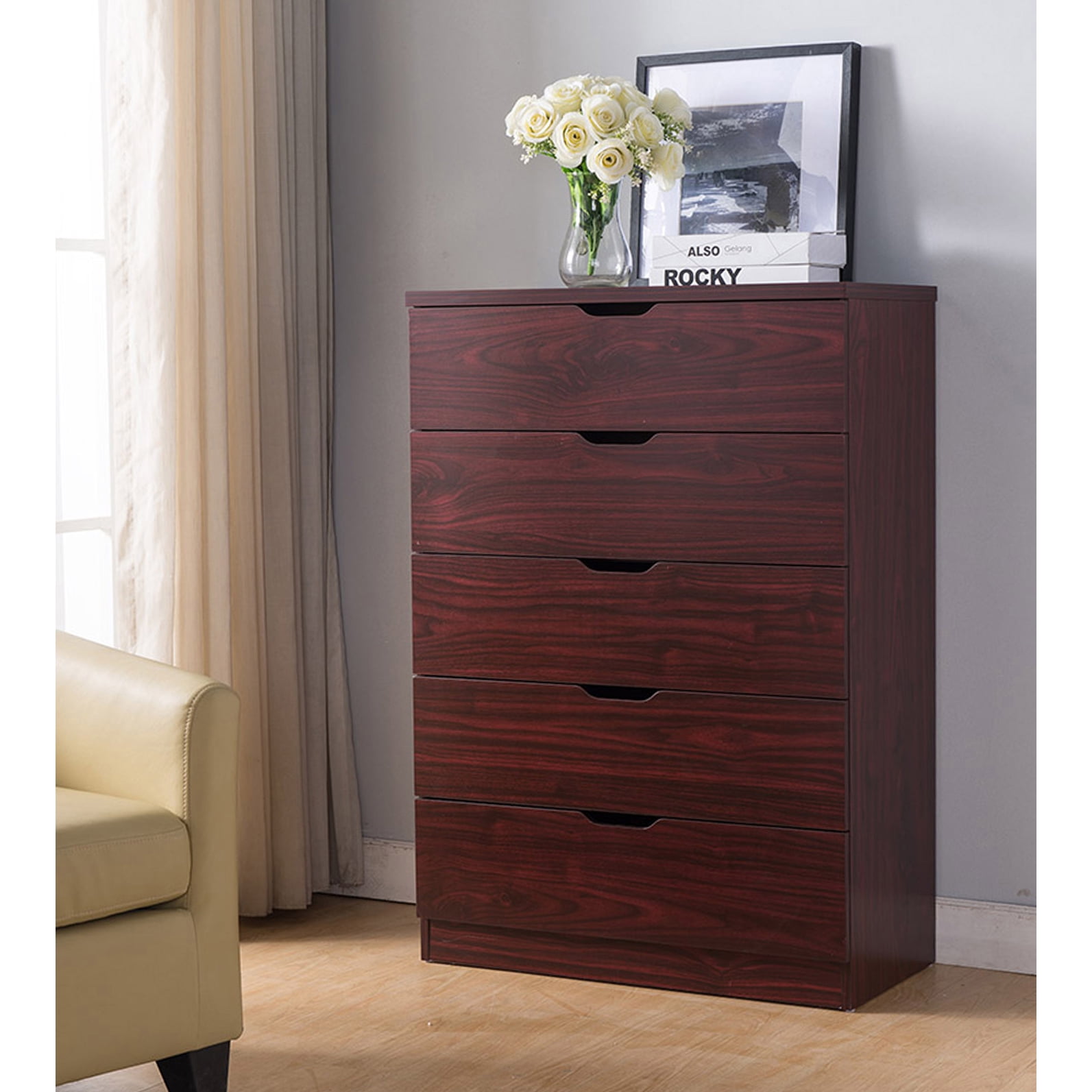 Aukfa 5 Tall Drawer Dresser Wide Chest of Drawers for Bedroom Entryway Living Room,Mahogany