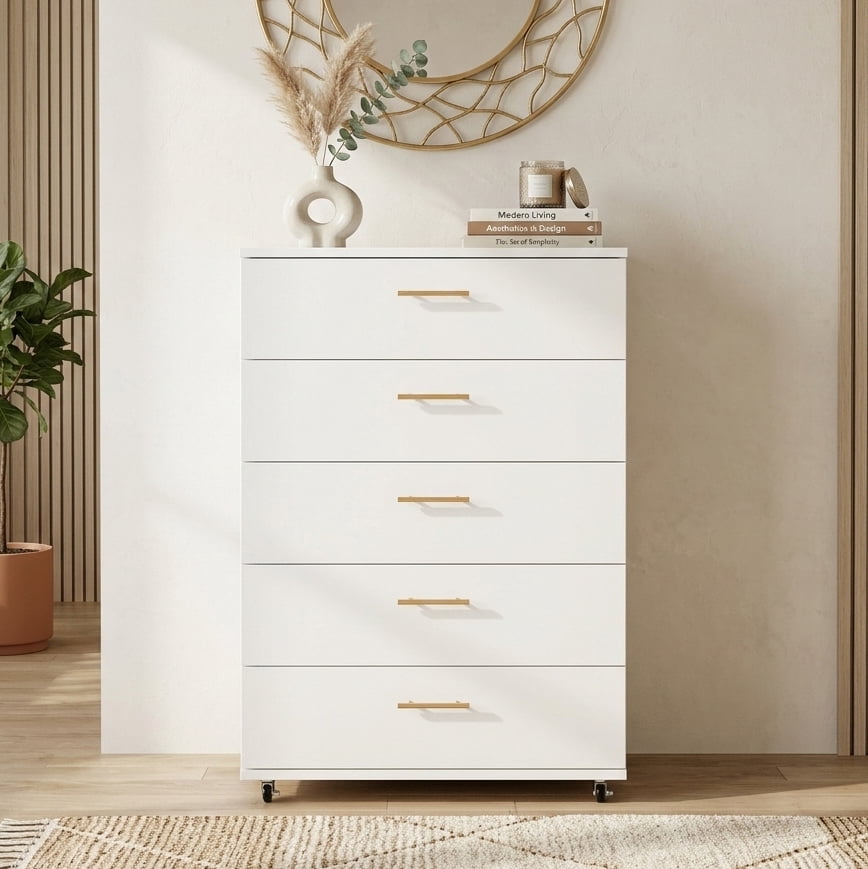 Aukfa 5 Tall Drawer Dresser Wide Chest of Drawers for Bedroom Entryway Living Room,White
