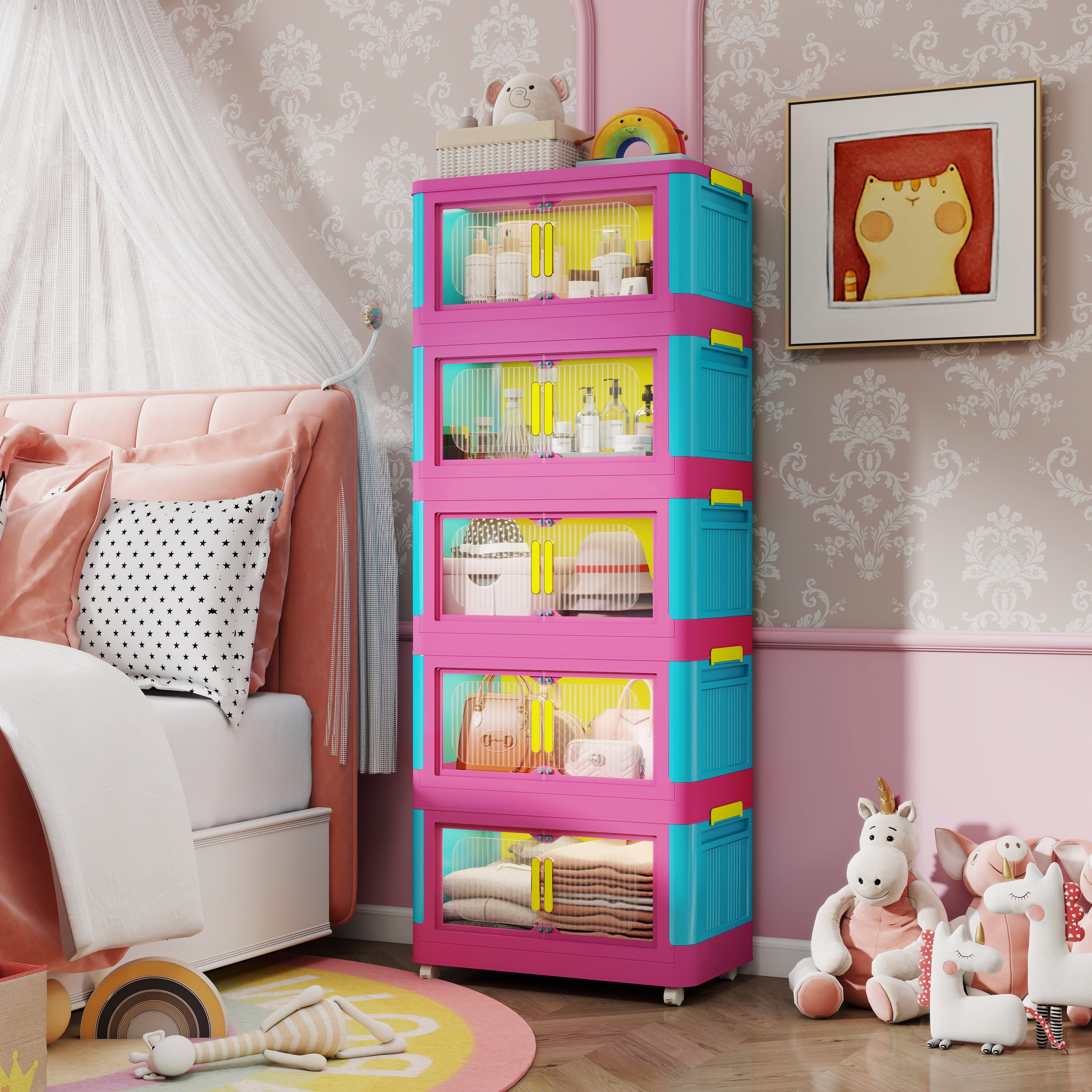 Aukfa 5 Tier Collapsible Storage Bins,20" Side Plastic Storage Cabinet with Wheels,Pink