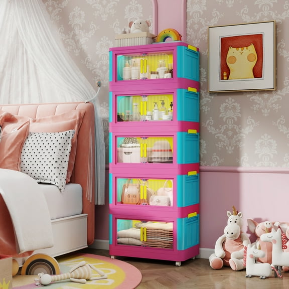 Aukfa 5 Tier Collapsible Storage Bins,20" Side Plastic Storage Cabinet with Wheels,Pink