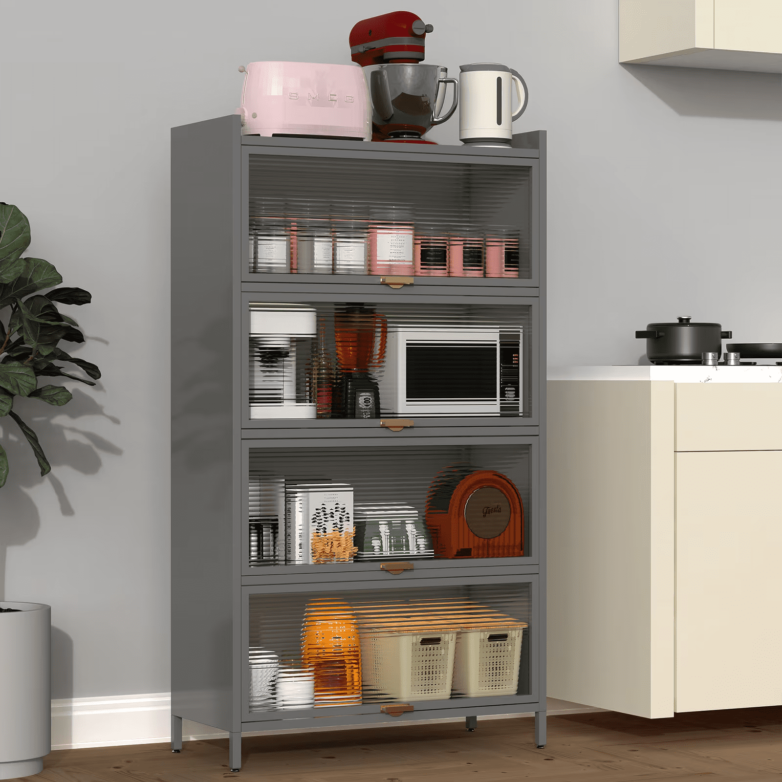 Aukfa 5 Tier Metal Pantry Storage Cabinet, Kitchen Bakers Rack with Flip-up Doors, Gray