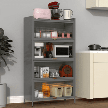 Aukfa 5 Tier Metal Pantry Storage Cabinet, Kitchen Bakers Rack with Flip-up Doors, Gray