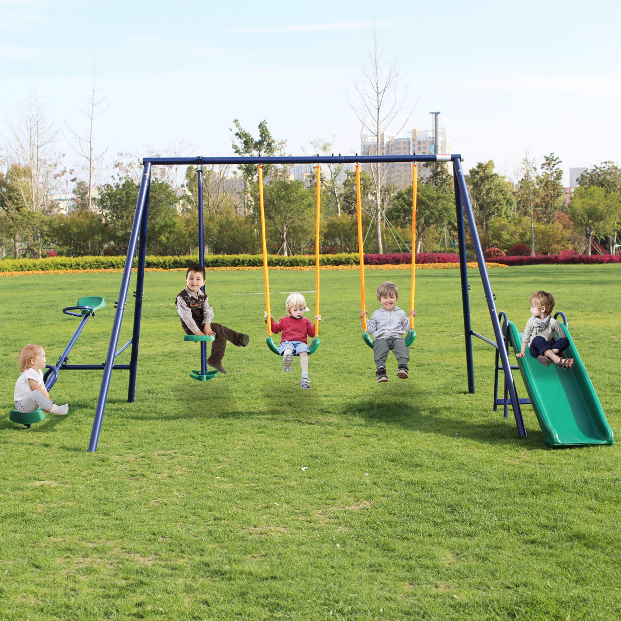 Aukfa 5 in 1 Kids Swing Set, Heavy-Duty Metal Playset for Backyard with Slide, Fun Glider, Green