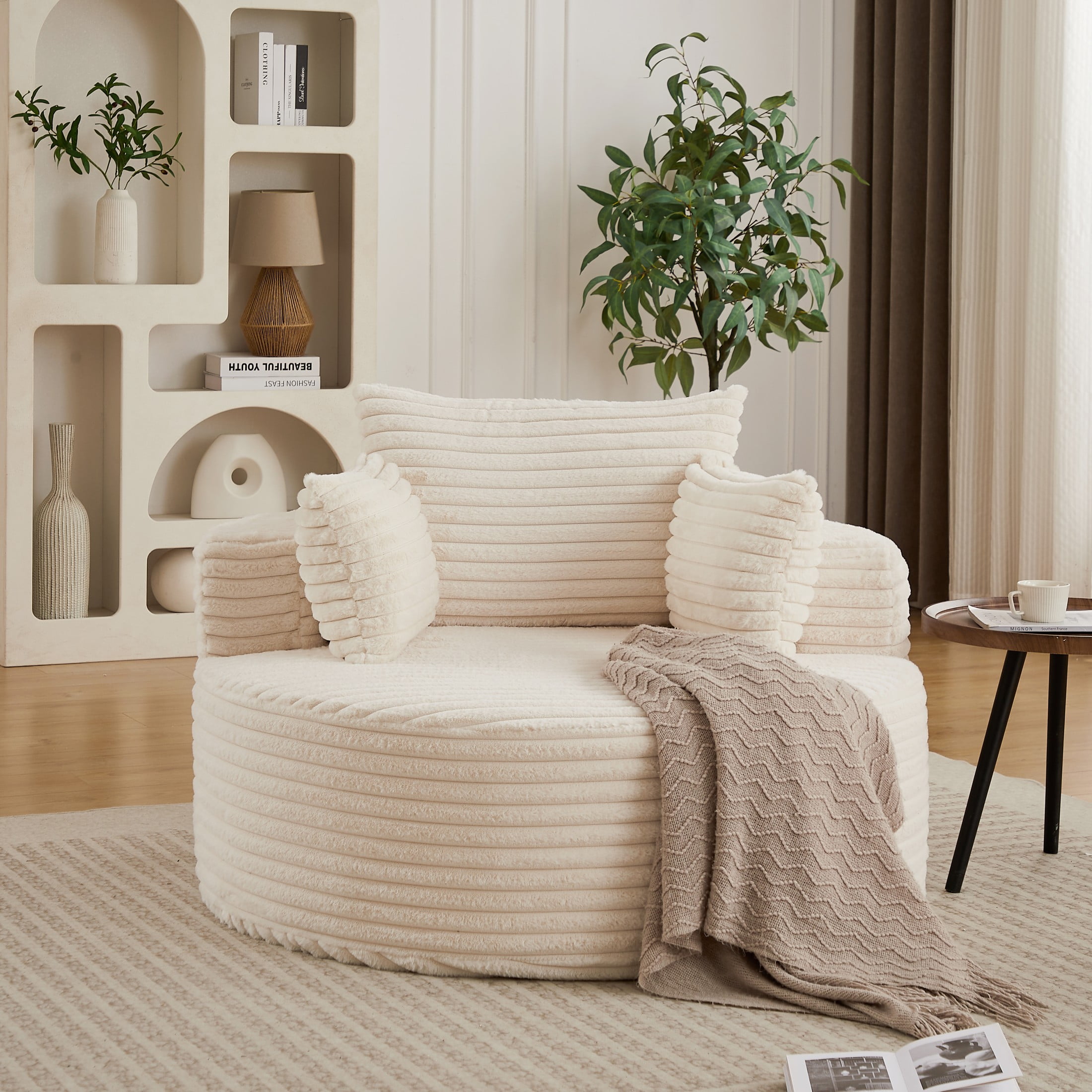 Aukfa 50" Oversized Corduroy Round Sofa Chair, Modern Deep Seat Chaise Lounge Chair Indoor with Pillows, No Assembly Required, Beige
