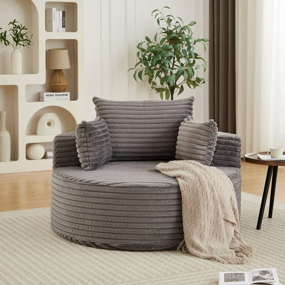 Aukfa 50" Oversized Corduroy Round Sofa Chair, Modern Deep Seat Chaise Lounge Chair Indoor with Pillows, No Assembly Required, Gray