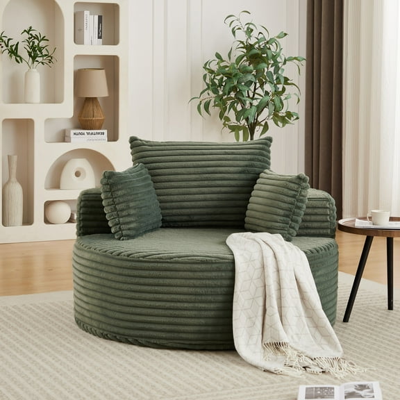 Aukfa 50" Oversized Corduroy Round Sofa Chair, Modern Deep Seat Chaise Lounge Chair Indoor with Pillows, No Assembly Required, Green