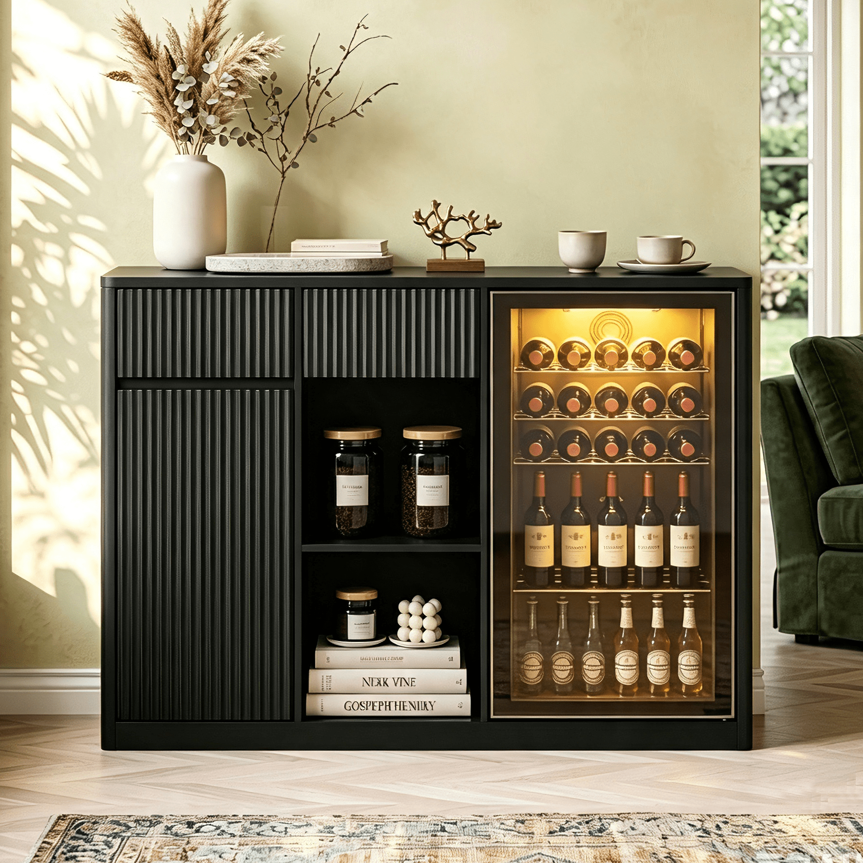 Aukfa 51.2" Modern Fluted Bar Cabinet,Wine Cabinet with Fridge Compartment, Power Outlets & Wine Storage for Kitchen Dining Room,Black