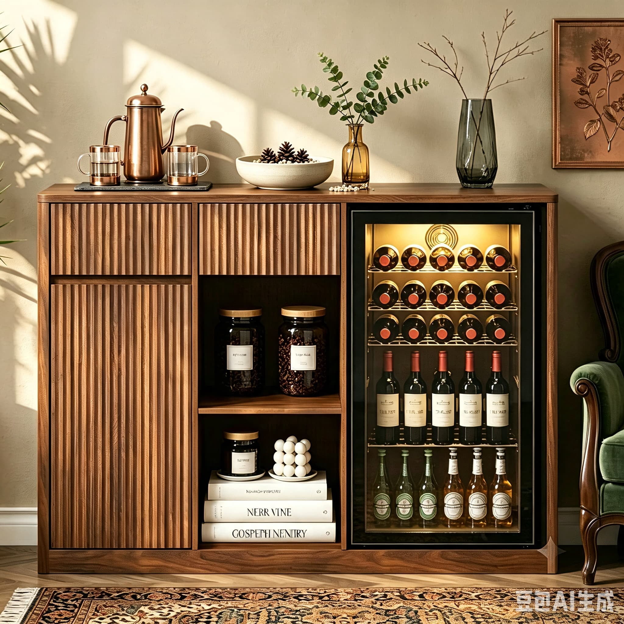 Aukfa 51.2" Modern Fluted Bar Cabinet,Wine Cabinet with Fridge Compartment, Power Outlets & Wine Storage for Kitchen Dining Room,Walnut
