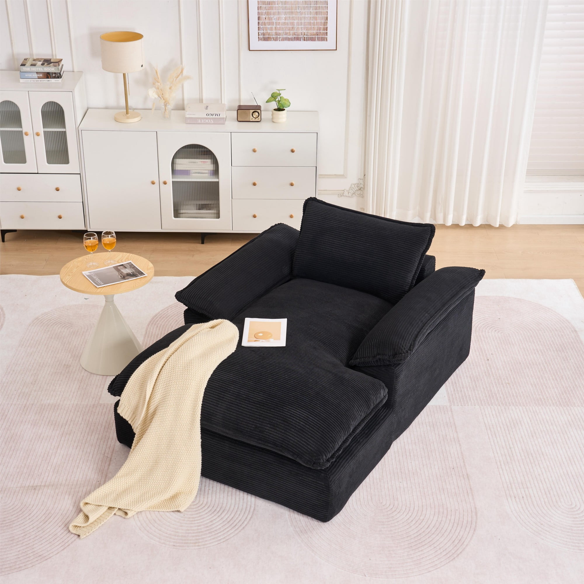 Aukfa 51.2" Oversized Chaise Lounge Chair Indoor, Corduroy Upholstered Sofa Couch with Pillow Armrests, Sleeper Sofa Chair for Living Room Bedroom Office, Black