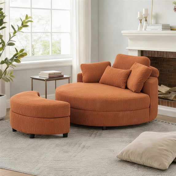 Aukfa 51" Oversized Accent Chair Round Barrel Chair with Storage Ottoman for Living Room, Corduroy, Orange