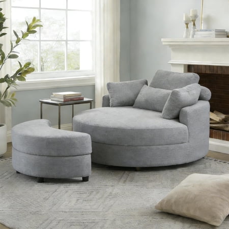 Aukfa 51" Oversized Accent Chair with Half-moon Storage Ottoman Set for Living Room, 5 Pillows, Light Gray