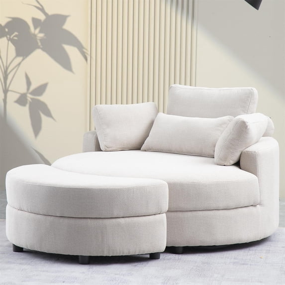 Aukfa 51" Oversized Accent Chair with Half-moon Storage Ottoman Set for Living Room, 5 Pillows, Linen, Beige