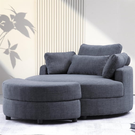 Aukfa 51" Oversized Accent Chair with Half-moon Storage Ottoman Set for Living Room, 5 Pillows, Linen, Gray