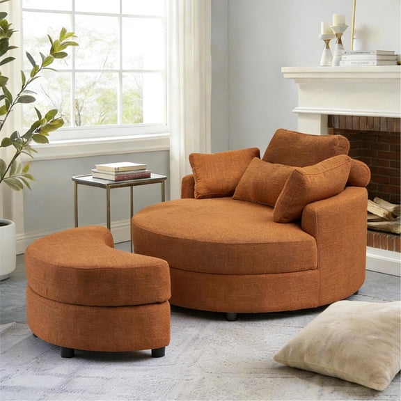 Aukfa 51" Oversized Accent Chair with Half-moon Storage Ottoman Set for Living Room, 5 Pillows, Linen, Orange